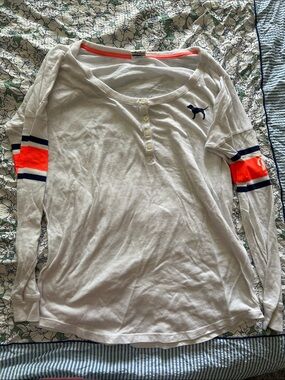 PINK VS White Long-Sleeve Henley Top with Neon Orange & Navy Stripes